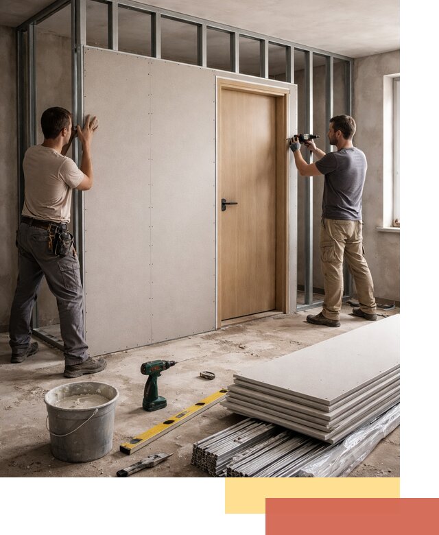 Перегородка из гипсокартона с дверью под ключ в бору