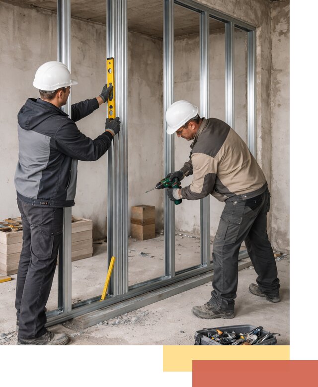 Монтаж каркаса перегородки из профиля в бору