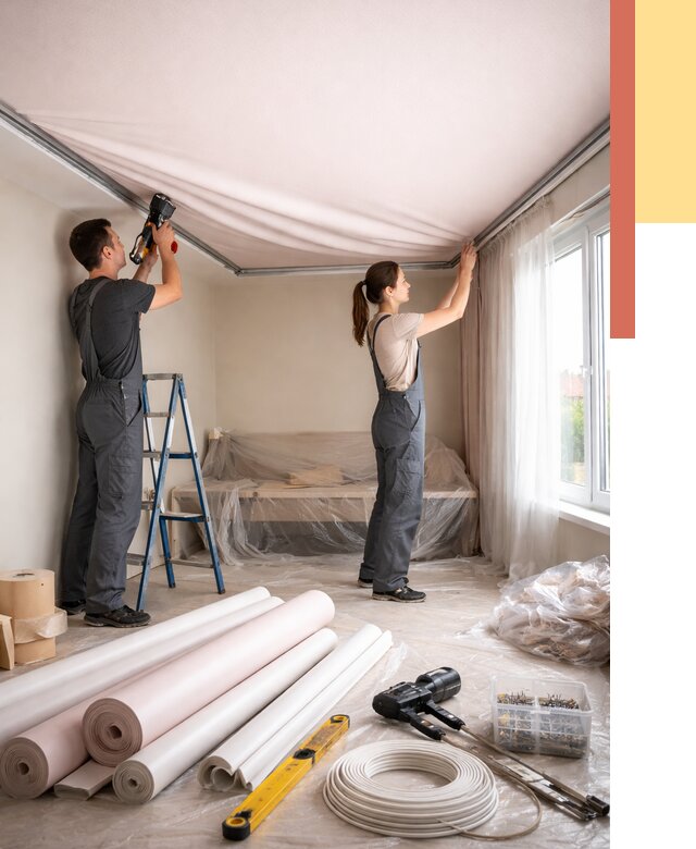 Монтаж цветного натяжного потолка в бору от 4364 руб/м² — быстро и недорого | ОТДЕЛОЧНИК-Бор