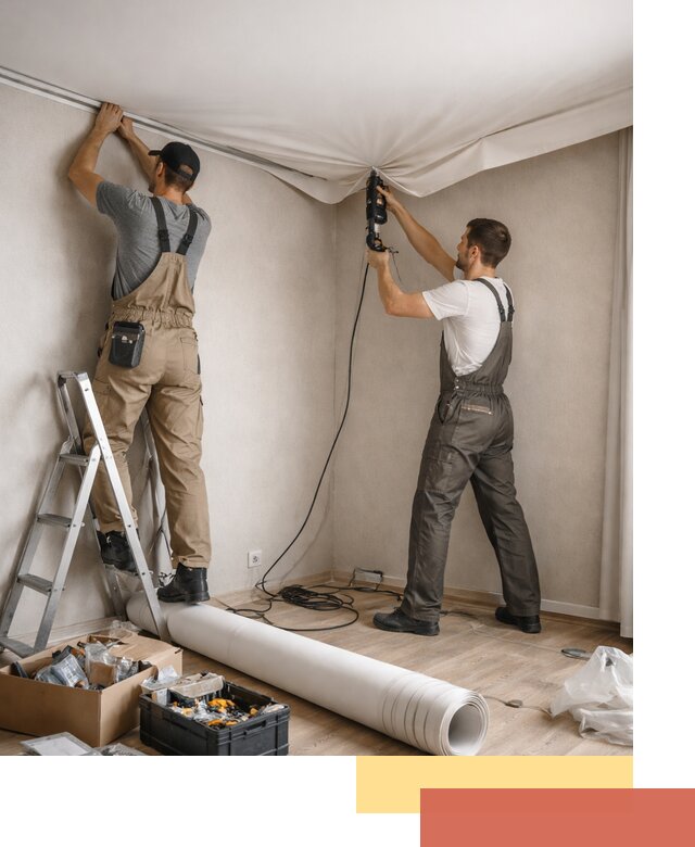 Монтаж цветного натяжного потолка в бору за один день