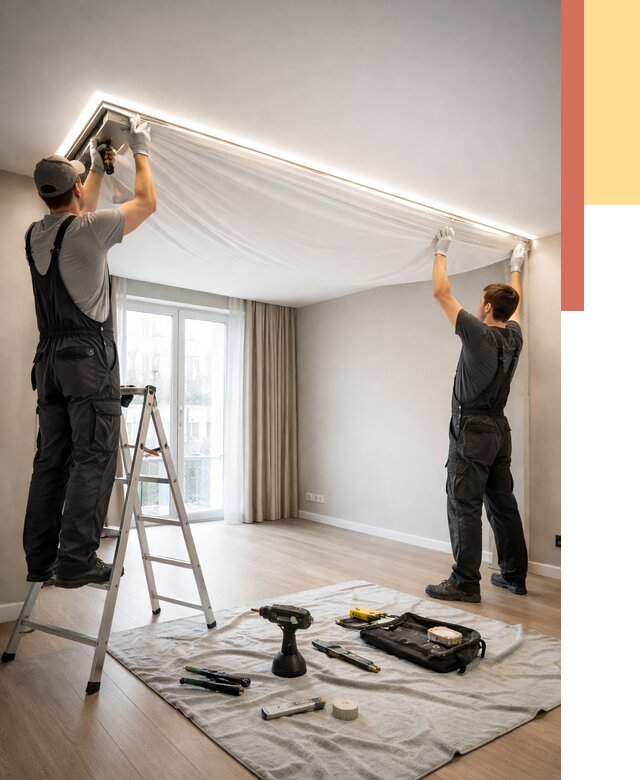 Монтаж парящего натяжного потолка в бору от 4676 руб. быстро и недорого | ОТДЕЛОЧНИК-Бор