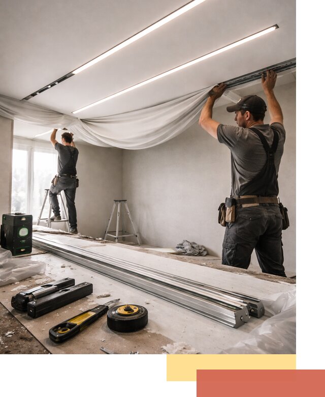 Монтаж натяжных потолков со световыми линиями в бору