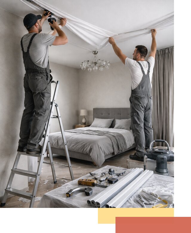 Монтаж натяжного потолка в спальне в бору