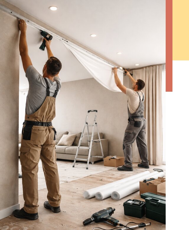 Монтаж натяжного потолка в гостиной в бору от 571 руб. | ОТДЕЛОЧНИК-Бор