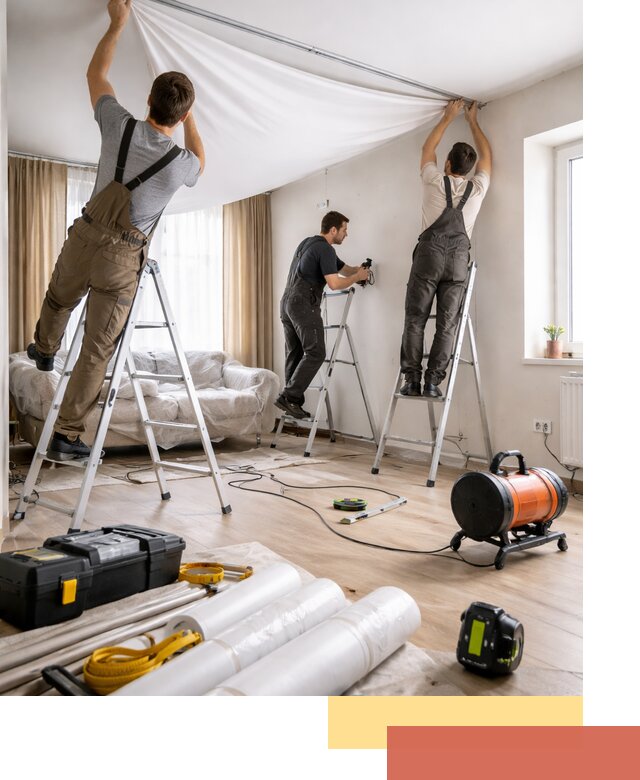 Монтаж натяжного потолка в гостиной в бору